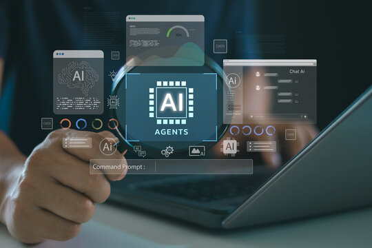 Person using AI agents and machine learning interface on laptop, showcasing artificial intelligence technology for automation, chatbot communication, advanced data analytics in digital transformation.