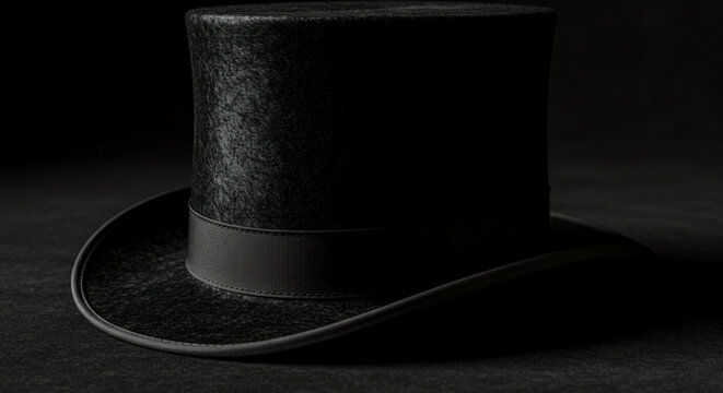 Elegant black velvet top hat on black background