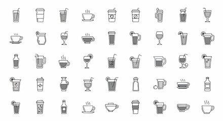 Obraz premium A large set of handdrawn beverage icons featuring coffee tea juice and cocktails in a simple black and grey line art style.