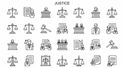 Fototapeta premium Justice and law thin line icon set Collection of legal system symbols including scales gavel judge jury and courtroom pictograms.