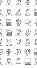 Seamless pattern of black line art education icons featuring graduates globes and computers.