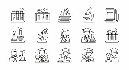 Set of black outline icons for science and education featuring graduates microscopes test tubes and molecules.