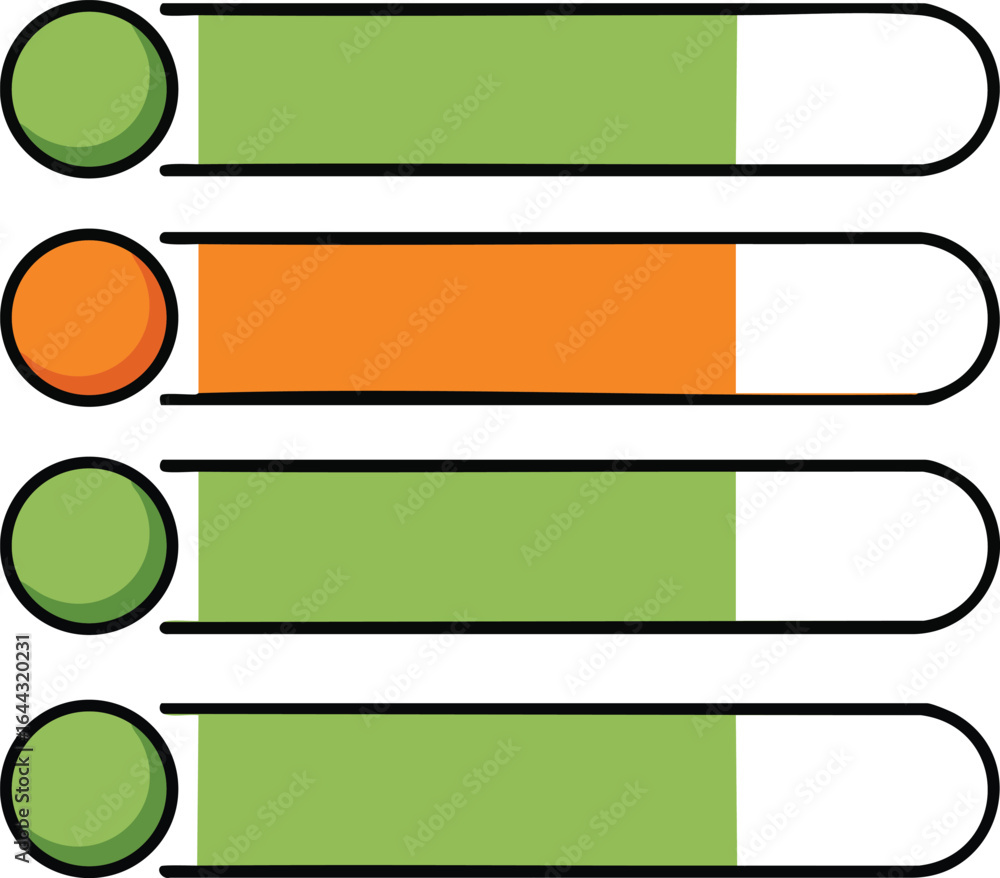 Poster progress bars with green and orange color indication in simple vector style for user interface desig