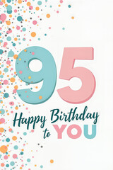 A festive birthday card celebrating a 95th birthday with large numbers 95 in teal and pink, and Happy Birthday to YOU text. The background features a cascade of multicolored dots.