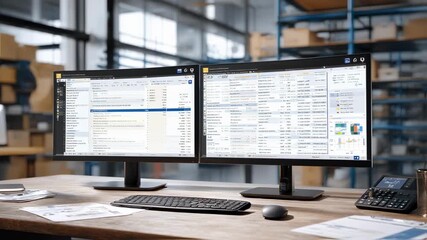 Organized workspace with building services manager tracking utility invoices and work orders using dual monitors and printed reports for comprehensive facility oversight.