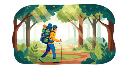 A hiker with a large backpack walks along a winding path through a lush green forest, bathed in sunlight.