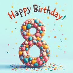 A vibrant 8th birthday celebration featuring a large number eight covered in colorful candies, with confetti scattered on a light blue background.