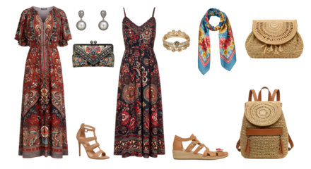 LIFESTYLE - Bohemian women's fashion ensemble with floral patterned maxi dresses, stylish shoes, embroidered clutch, jewelry, colorful scarf, and woven bag accessories