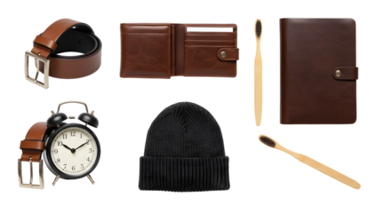 LIFESTYLE - Collection of brown leather accessories including belt, wallet, watch with brown strap, black beanie, alarm clock, wooden toothbrushes, and brown leather organizer on white background