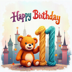 A whimsical birthday illustration for a birthday, featuring a smiling teddy bear holding a large number 11 made of yarn, set against a backdrop of a fantastical cityscape.