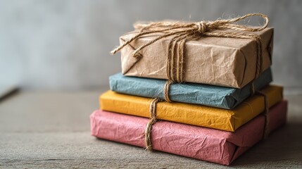 Stack of colorful parcels tied with natural twine on minimalist wooden table, soft daylight, realistic textures, close-up macro, editorial style