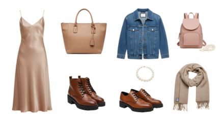 LIFESTYLE - Casual women's outfit with silk slip dress, leather boots and shoes, beige handbag and backpack, denim jacket and warm scarf for autumn fashion