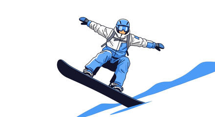 Cartoon illustration of a snowboarder in blue and white gear performing a jump against a white background.