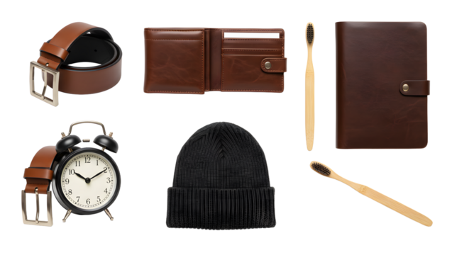 LIFESTYLE - Collection of brown leather accessories including belt, wallet, watch with brown strap, black beanie, alarm clock, wooden toothbrushes, and brown leather organizer on white background - Powered by Adobe