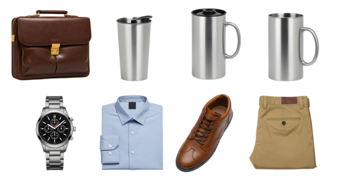 LIFESTYLE - Collection of men's business accessories including leather briefcase, stainless steel travel mugs, wristwatch, dress shirt, leather shoe, and beige trousers laid out neatly