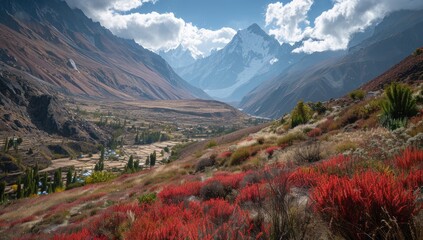 Mountain valley autumn view, vibrant foliage. Possible stock image