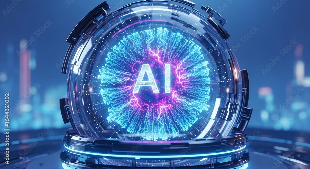 Poster futuristic ai brain in glass orb with glowing neural networks