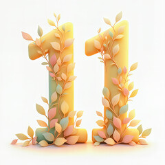 Eleventh birthday with golden number 11 adorned with colorful leaves on a light background.