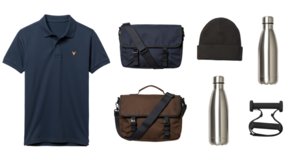 LIFESTYLE - Flat lay of men's casual essentials including navy polo shirt, messenger bags, stainless steel water bottles, beanie hat, and bike handlebars isolated on white