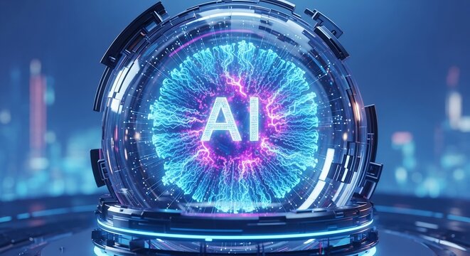 Futuristic AI Brain in Glass Orb with Glowing Neural Networks - Powered by Adobe