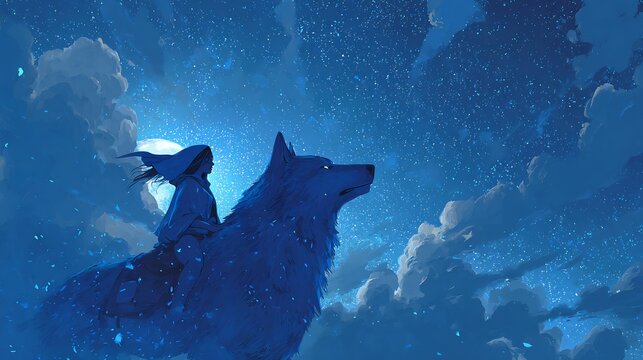 Young woman a blue hood rides on the back of a colossal wolf made of starlight through a moonlit sky digital art illustration painting dreamy cinematic scene