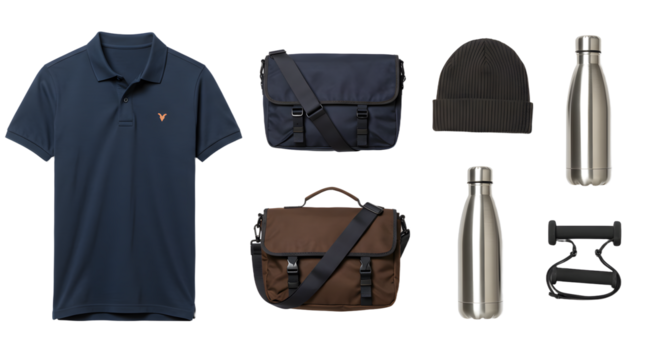 LIFESTYLE - Flat lay of men's casual essentials including navy polo shirt, messenger bags, stainless steel water bottles, beanie hat, and bike handlebars isolated on white