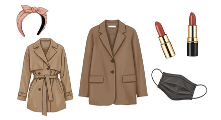 Naklejka premium LIFESTYLE - Flat lay of trendy women's fashion items including beige trench coats, lipstick, face mask, and pink hairband on white background