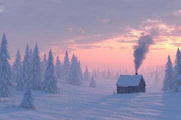Snowy winter landscape with a rustic cabin. Peaceful, frosted pines, a pastel sunset