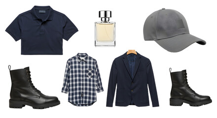 LIFESTYLE - Men's wardrobe essentials including black boots, checkered shirt, navy blazer, navy polo shirt, grey baseball cap, and perfume bottle on white background