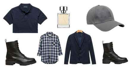 LIFESTYLE - Men's wardrobe essentials including black boots, checkered shirt, navy blazer, navy polo shirt, grey baseball cap, and perfume bottle on white background