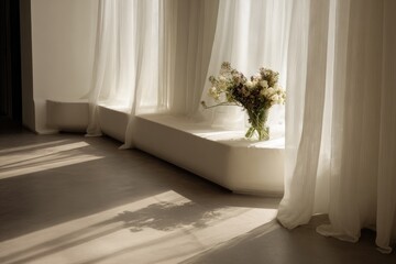 Sunlight streams through sheer curtains, highlighting a vase of wildflowers on a windowsill