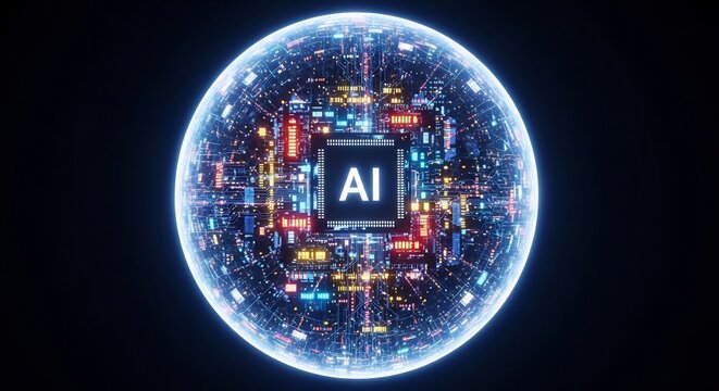 Futuristic AI Globe with Glowing Circuits and Data Streams on Black Background