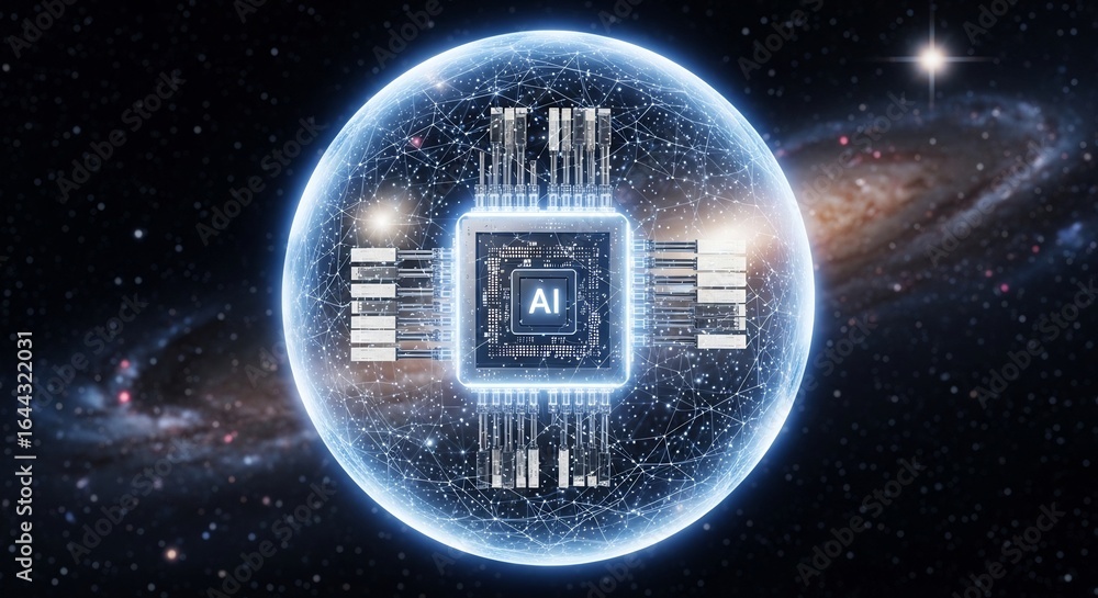 Poster futuristic ai microchip encased in glowing networked sphere against cosmic nebula background