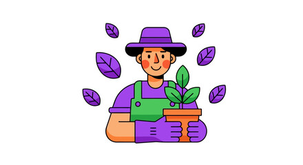Cartoon Gardener with Plant in Pot Illustration for Gardening Education and Promotion of Sustainable Living and Environmental Awareness Campaigns