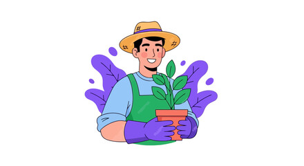 Cheerful Gardener Holding a Potted Plant, Ideal for Illustrating Gardening Tips, Sustainable Living Guides, or Promoting Plant-Based Education Materials.