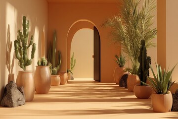 Sunny, terracotta-toned hallway with cacti and plants