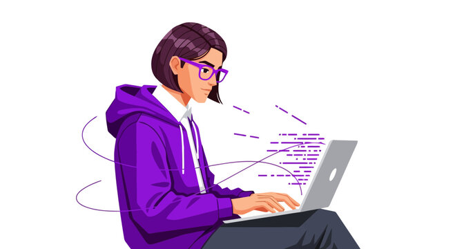 Focused young woman coding on laptop, illustrating software development, and remote work, suitable for IT companies, tech blogs, and educational materials.