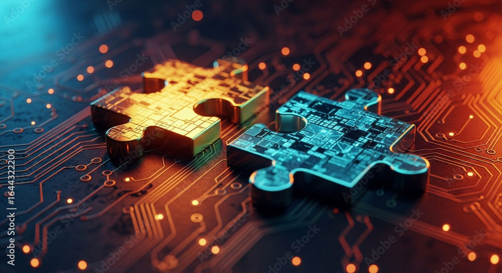 Poster two puzzle pieces on a circuit board with glowing lights representing connection and technology inte