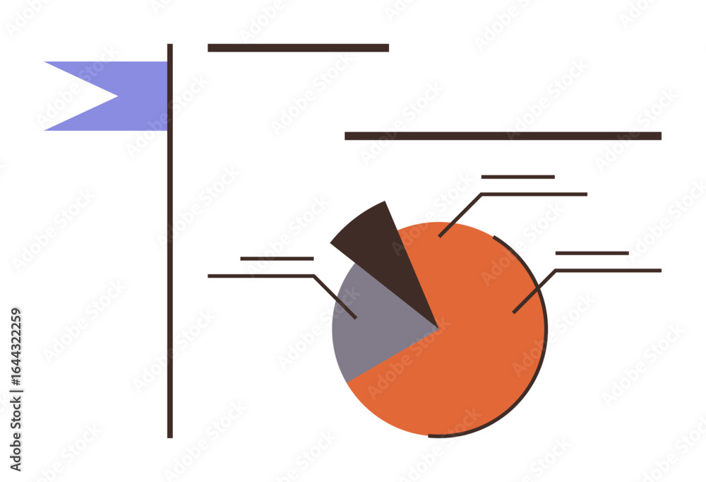 Poster orange and gray pie chart with connected labels, blue flag, and lines signifying data organization. 