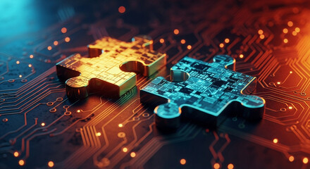 Two puzzle pieces on a circuit board with glowing lights representing connection and technology integration