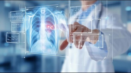 Male doctor touching virtual screen with holographic interactive interface in laboratory. Medical technology and research footage. - Powered by Adobe