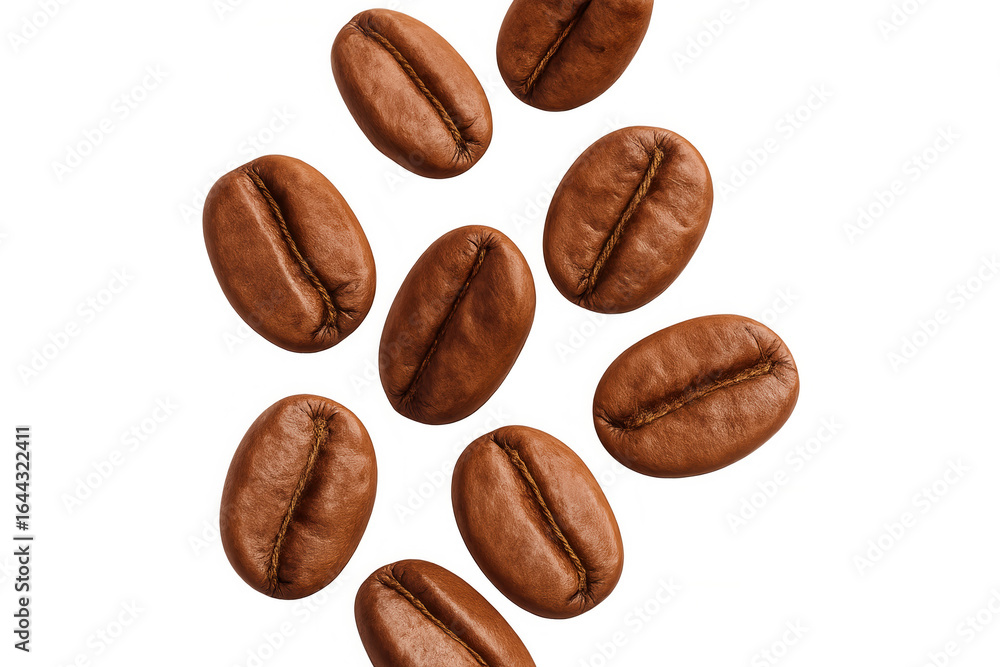 Poster roasted coffee beans are falling against a transparent background, creating a dynamic visual perfect