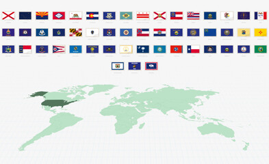 Flags of the US States, Postage Flag Set. US State Flags with World Map.