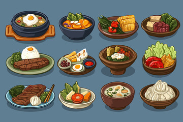 Collection of Delicious Asian Dishes in Illustrative Style for Culinary Illustrations