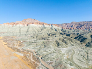 Aerial view of Nallıhan, Ankara showcasing colorful hills and unique geological formations....