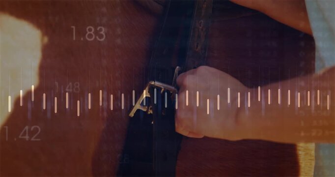 Woman adjusting buckle orientation triggers waveform overlay tracking strap tension in leather demo