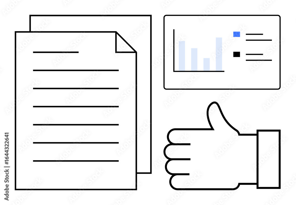 Poster stack of papers, analytical chart with bars and data points, thumbs-up icon for approval or success.