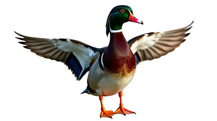 Obraz premium Male Wood duck displaying vibrant plumage with wings spread, showcasing its striking colors and unique features