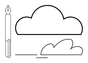 Fountain pen creating outlined clouds with clean lines. Ideal for creativity, imagination, writing, design, innovation, brainstorming, education. Aesthetic and simple flat metaphor