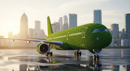 An airplane covered in green grass sits on the tarmac with a city skyline in the background at sunrise